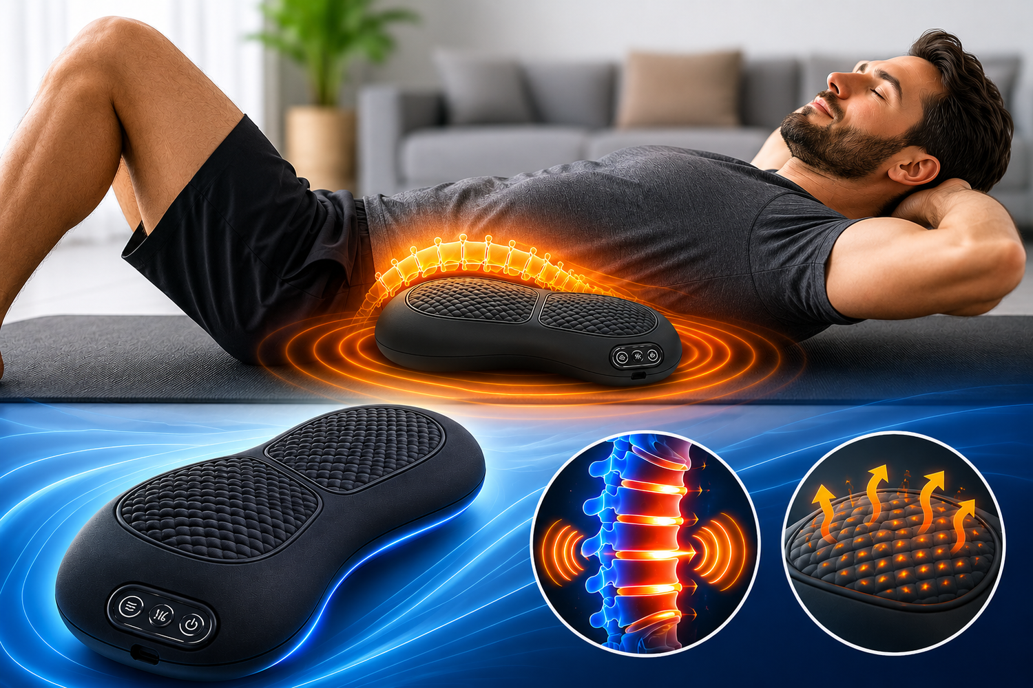 Mann benutzt elektrisches Rückenmassagegerät zur Entspannung